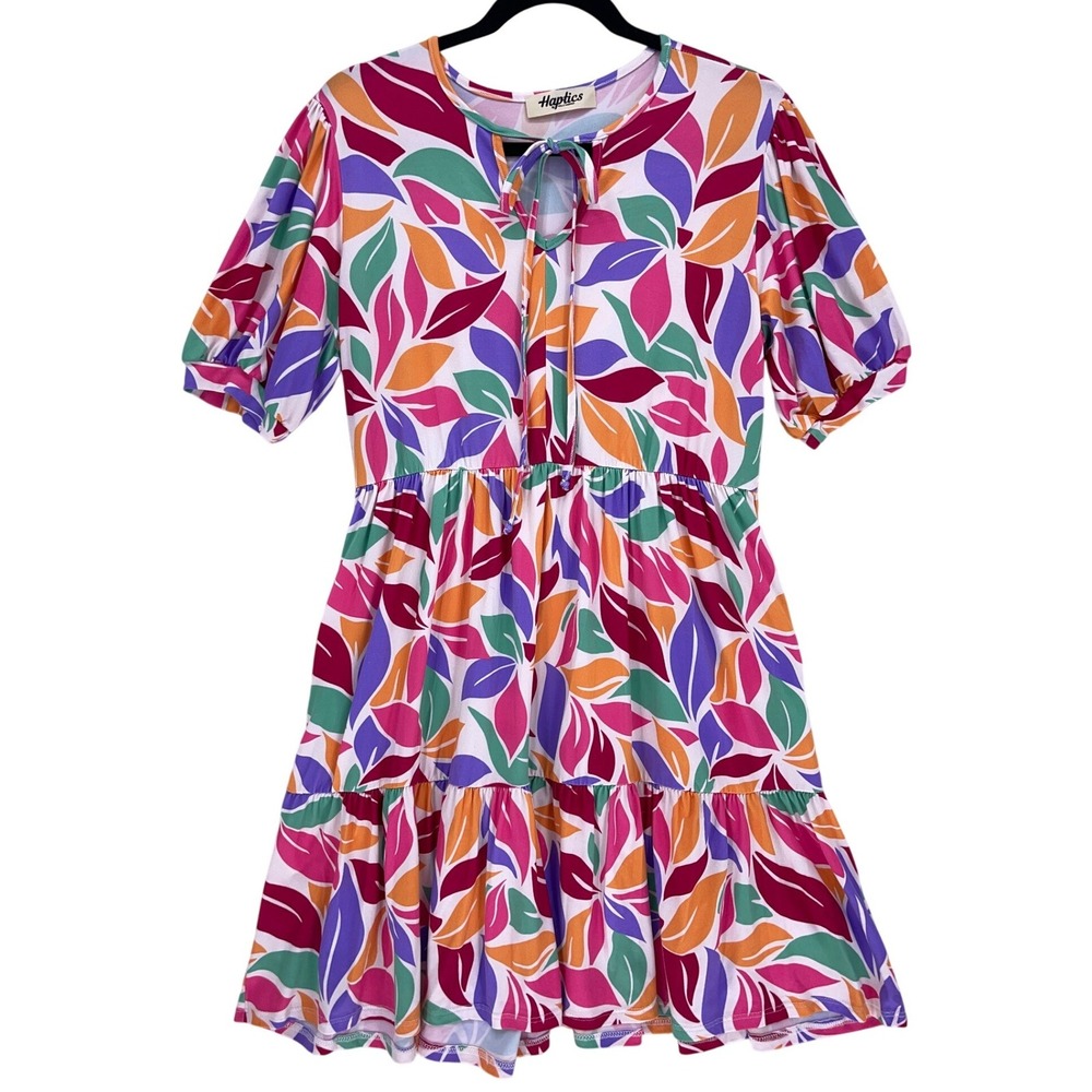 Haptics Multicolor Leaf Print Dress Small Tie Neck Tiered Puff Sleeve Babydoll